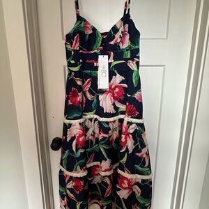 PatBO Laelia Fringe Navy Floral Dress with Pink and Green NTW